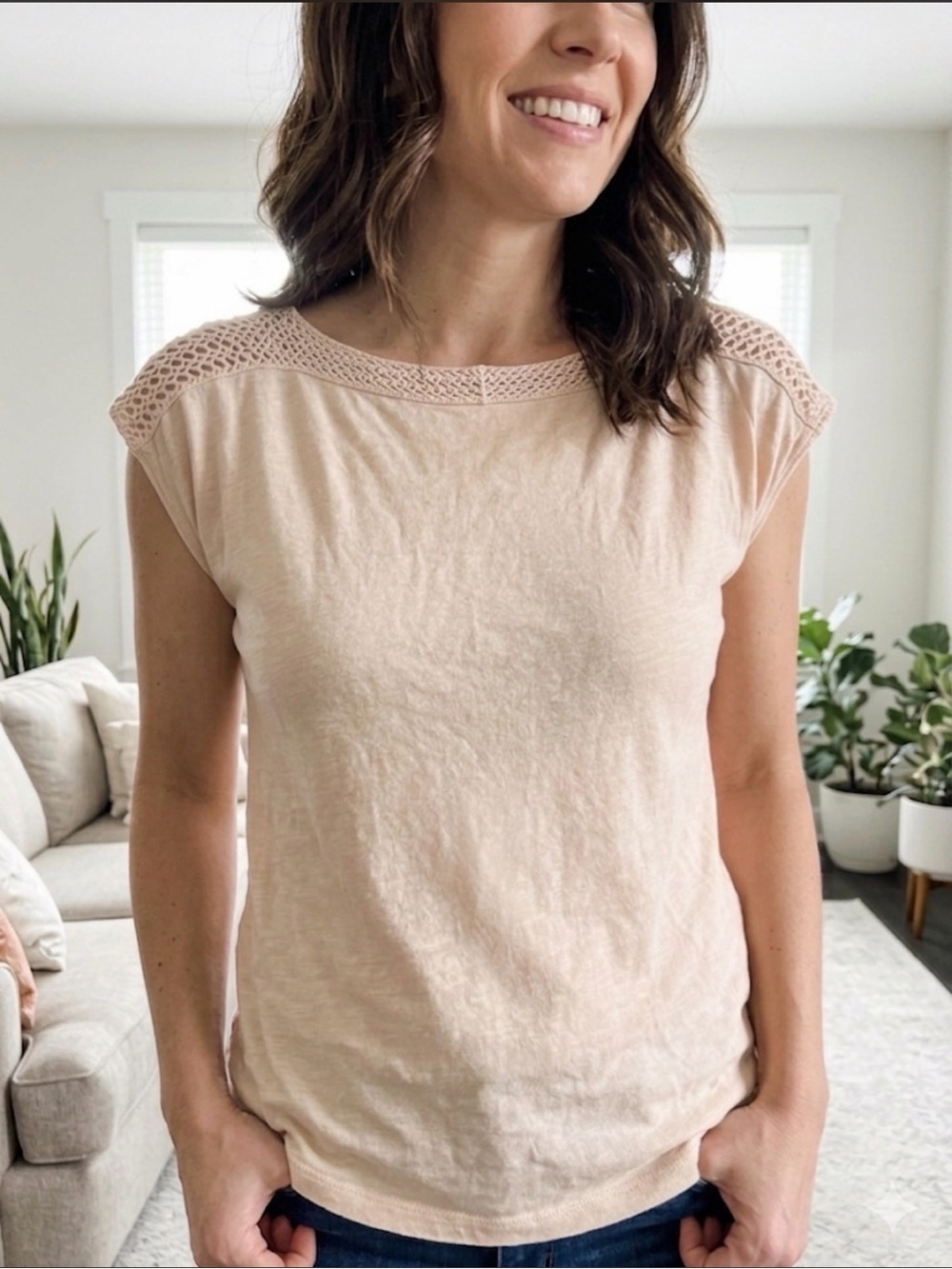 🦔 Loft Blush Pink Cotton Blouse with Crochet Detail